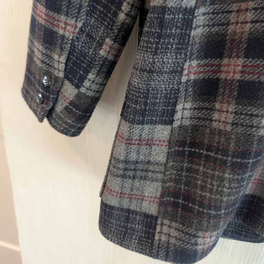 LIZ WEAR Navy & Gray Plaid Wool Blend Blazer Jacket Size 12